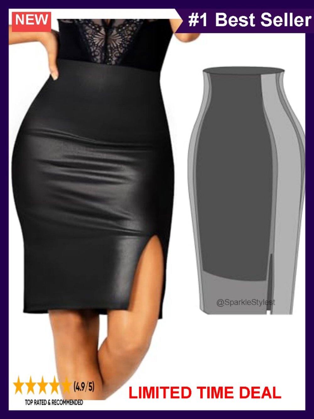 Faux Leather Midi Pencil Skirt Built-In Mesh Shapewear Tummy Control High Waist